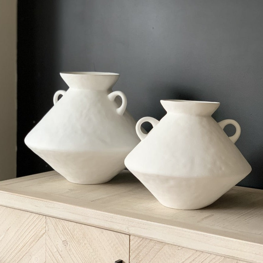 Bulbous white jar vase with handles